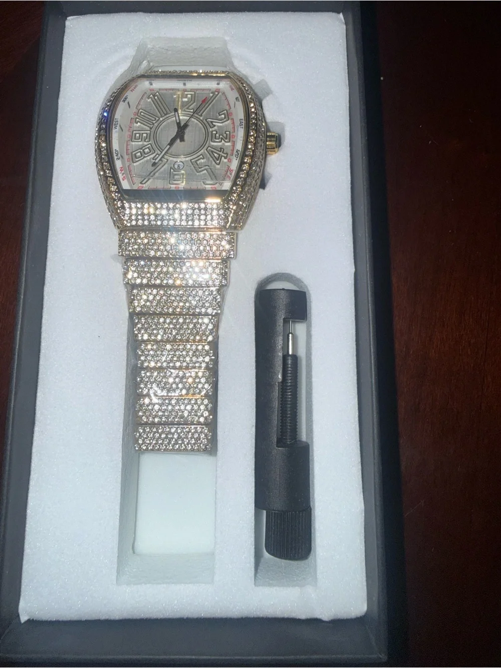 Crystal-Embellished Gold Tone Men's Watch with White Dial
